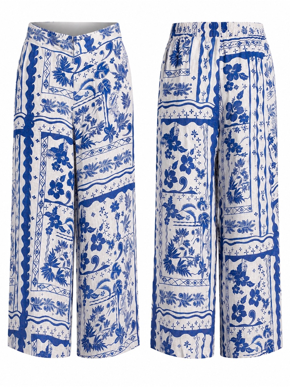 Joie Blue White Linen Wide Leg Cropped Pants XL Coastal Floral Print